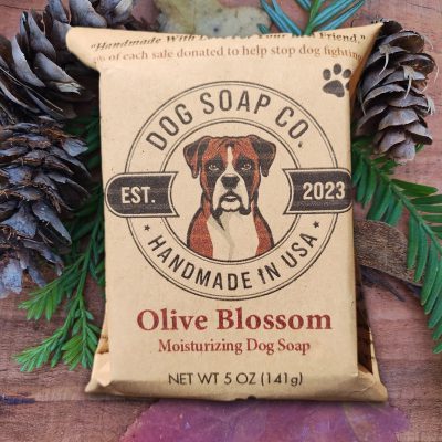 Our dog soap is available in Olive Blossom!