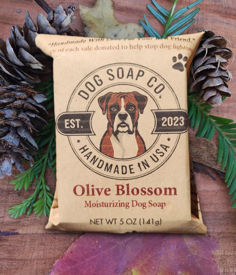 Our dog soap is available in Olive Blossom!